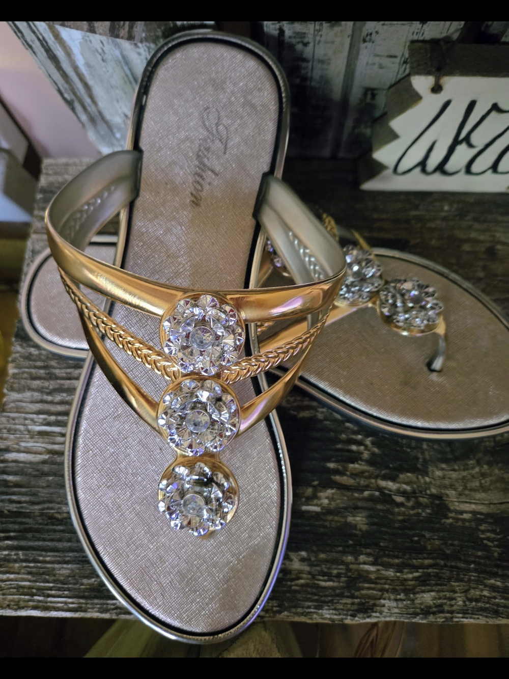 Gold Embellished Women’s Sandals with Crystal Accents